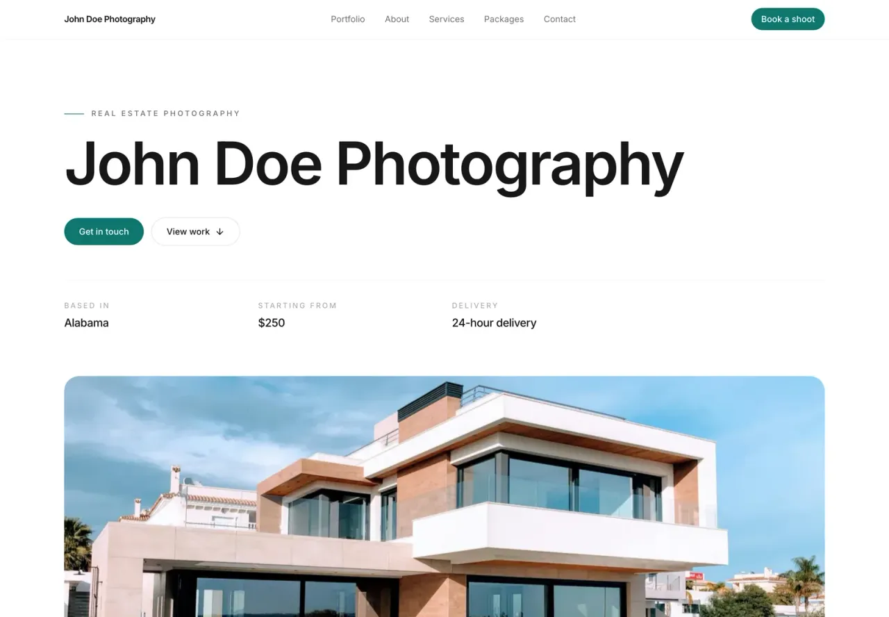 A photographer website built by PropPhoto: hero with name, service area, starting price, delivery time, and a cover photo